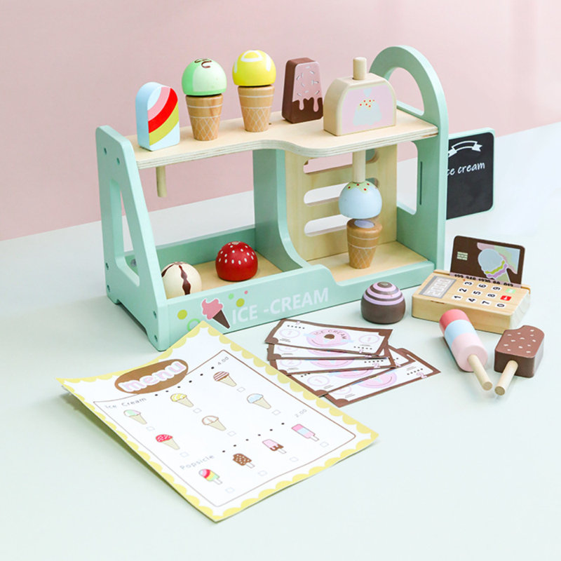 Wooden Dessert Serve Ice Cream Counter Sets Play Food Set