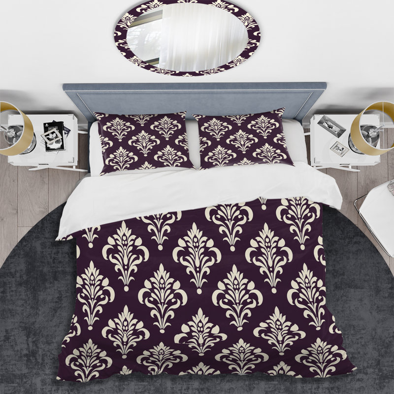 Ensemble de housse de couette moderne mauve blanc damassé Elegance VII, Housse de couette très grand et 2 très grandes t