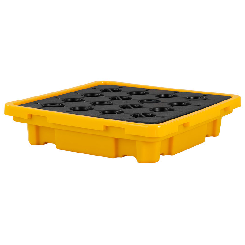 Palette de confinement de déversement, plateforme modulaire de confinement de déversement à profil bas 1 tambour, puisard de 11,4 gallons, capacité de charge de 1543 lb, plateau en polyéthylène robuste avec drain, 26,4 po x 26,6 po x 5,9 po, jaune
