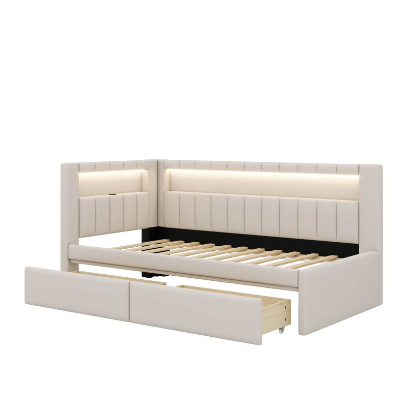 Lit plateforme simple entièrement rembourré avec ports USB, éclairage à DEL et tiroirs intégrés, Blanc