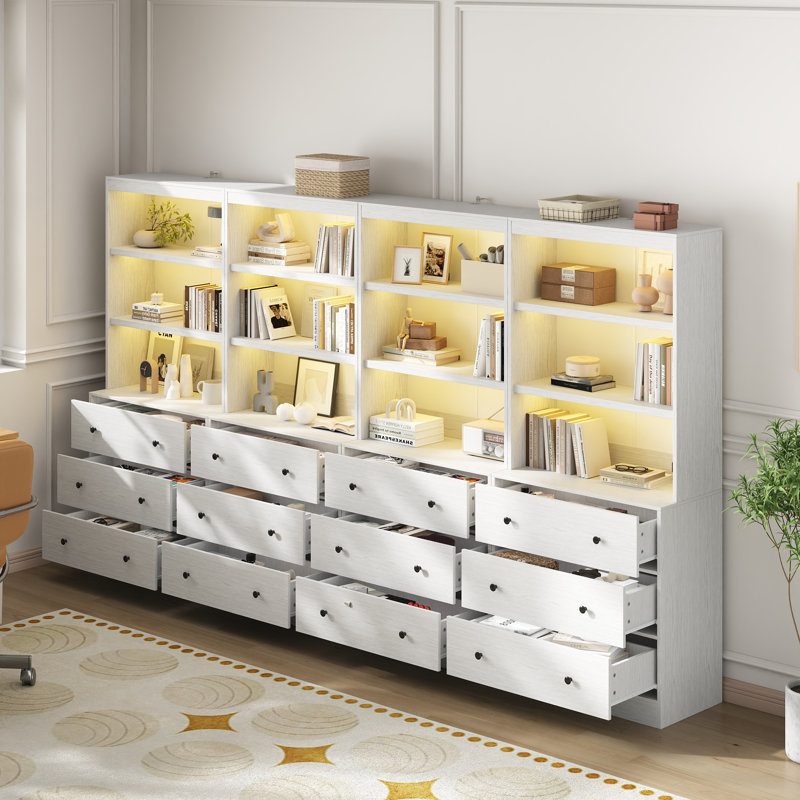 71"H X 94.4"W Book Cabinet Storage Bookcase with USB & Type-C Charging Ports and LED Lights (4A), White