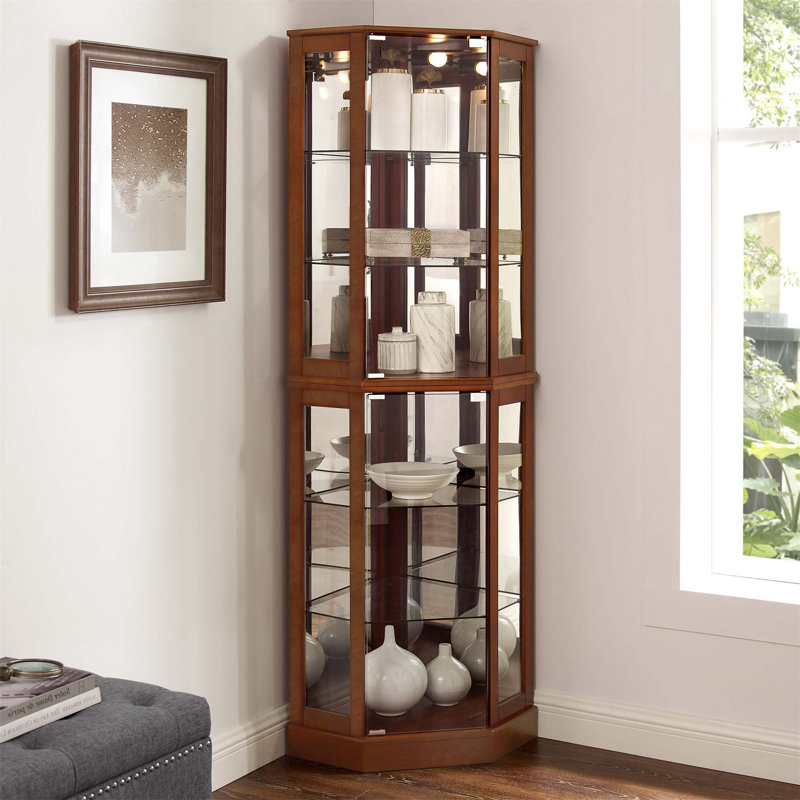 Vitrine de coin à 6 tablettes avec lumières, miroirs et tablettes réglables pour un décor élégant, Noyer