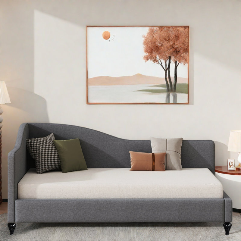 L-shaped Linen Daybed With Solid Wood Legs, Gray, Twin
