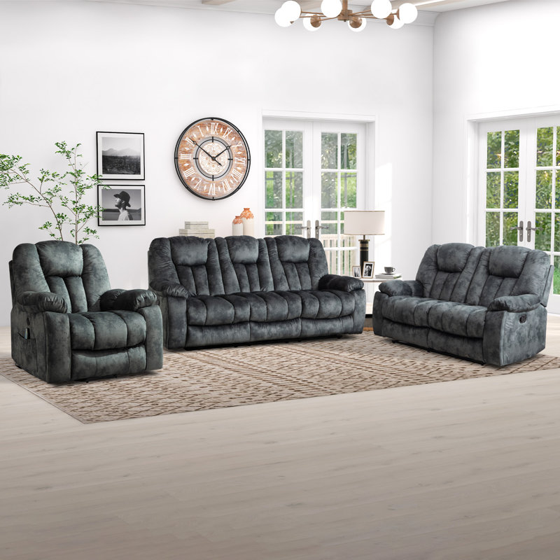 Kellogg 3-Piece Reclining Living Room Set With Microsuede Upholstery, Charcoal Gray