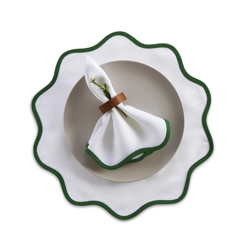 Giselle Scallop Edge - 100% Pure Linen Dinner Napkins, Garden Green/White