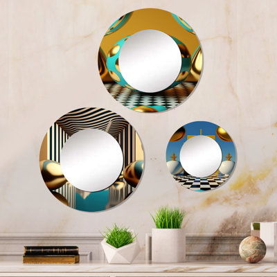 Lorien - Round Mirror On Glossy Modern Abstract Metal Art Print Set Of 3