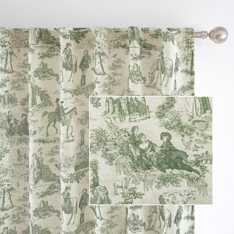 100% Blackout Toile Linen Curtains for Bedroom Double Layer Farmhouse French Country Vintage Printed Pattern Thermal Sound Lined Back Tab Living Room Drapes  2 Panels