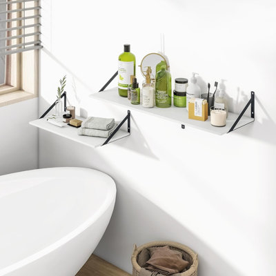 Ensemble d'étagères murales flottantes blanches profondes - Ensemble de 2 tablettes murales en bois avec supports noirs pour le salon, la cuisine, la chambre à coucher, le bureau et la salle de bain