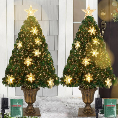 Arbre de Noël artificiel pré-éclairé 3 pi, paquet de 2 arbre d'entrée lumineux en fibre optique à base d'urne dorée avec lumières, 8 modes d'éclairage, entrée de porche à 110 branches