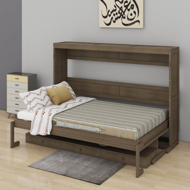 Grand lit escamotable avec rangement, armoire-lit pliable avec coiffeuse, miroir central et 2 tiroirs latéraux, Gris patiné