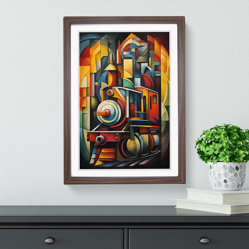 XYZ-FRM-V1223-6214 Train Cubism - Single Picture Frame Print on Wood, 34cm H x 25cm W x 2cm D, Walnut 