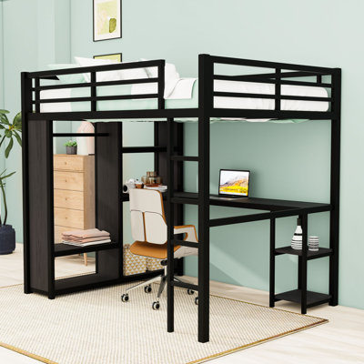 Minimal Style Loft Bed with Desk, Shelves and Built in Wardrobe