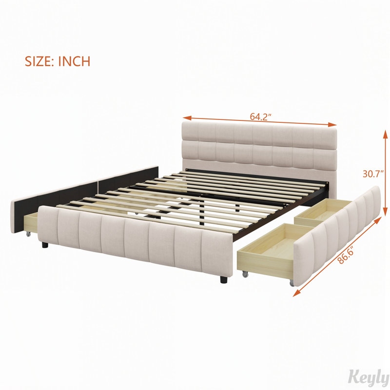Lit plateforme capitonné avec 4 tiroirs de rangement et tête de lit à motif quadrillé, Beige