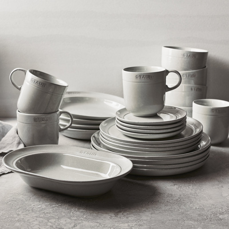 12 Piece Ceramic Dinnerware Set, White, White Truffle