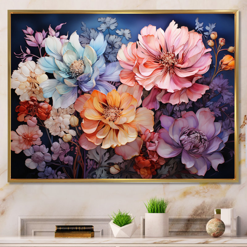 Coral Floral Symphony II - Abstract Botanicals, art mural sur toile, Cadre flottant doré, L 40 po x H 30 po