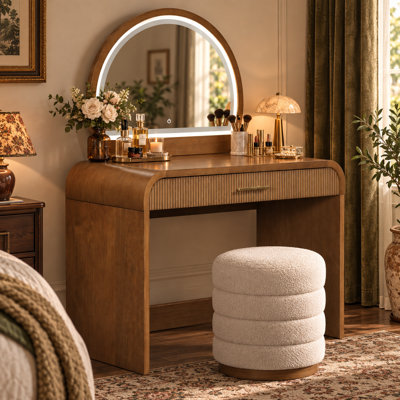 Coiffeuse moderne de 99 cm avec miroir éclairé à DEL, tiroir de rangement cannelé et tabouret.