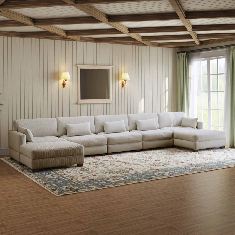 Maelina 7 - Piece Upholstered Sea Salt Grey Corduroy Modular Sectional Sofa with Pillow Back and Removable Ottoman