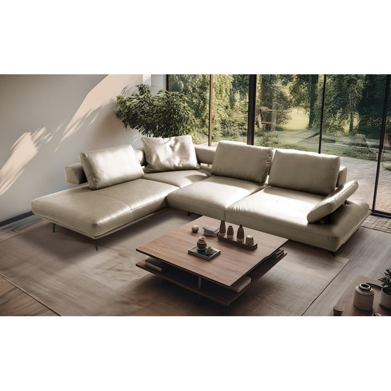 Trumansburg Power Reclining Corner Sofa in Genuine Leather, Grey/Ivory, Left Hand Facing