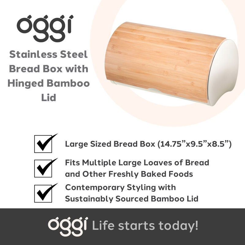 Warm Gray Stainless Steel Bread Box with Bamboo Lid