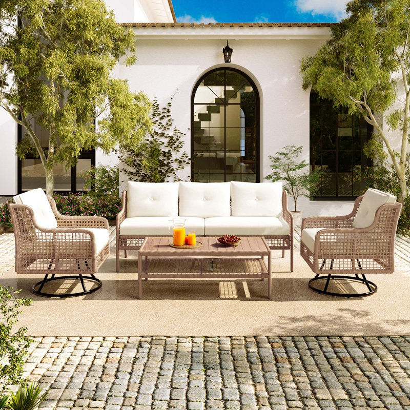 Ensemble de canapés de patio 4 pièces avec chaises pivotantes, Coussin beige / structure naturelle