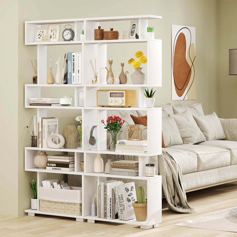 2 PCS Bookcase 6-Tier Bookshelf with Anti-Tipping Kit Freestanding Display Shelf , White