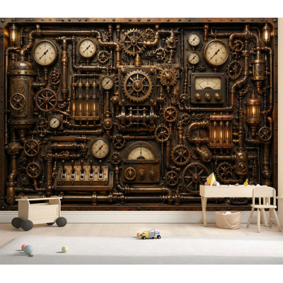 Papier peint auto-adhésif à panneau mécanique Steampunk complexe à engrenages à jauges en bronze, papier autocollant amovible pour décoration murale de salon H 69 po x l 96 po