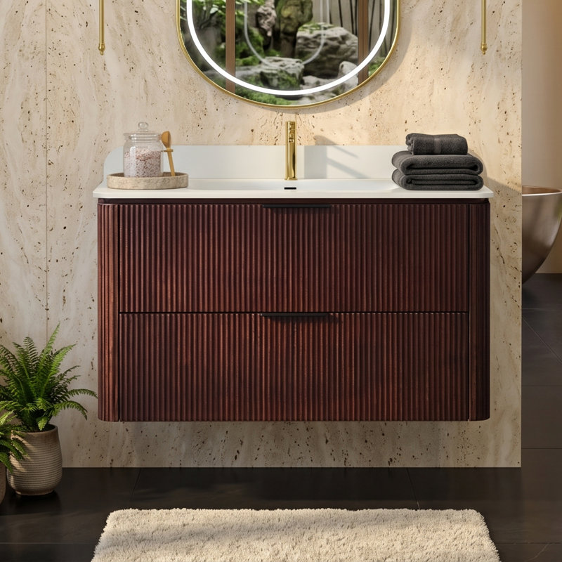 Meuble-lavabo suspendu de 91 cm (36 po) en fini noyer avec lavabo monobloc sans joint