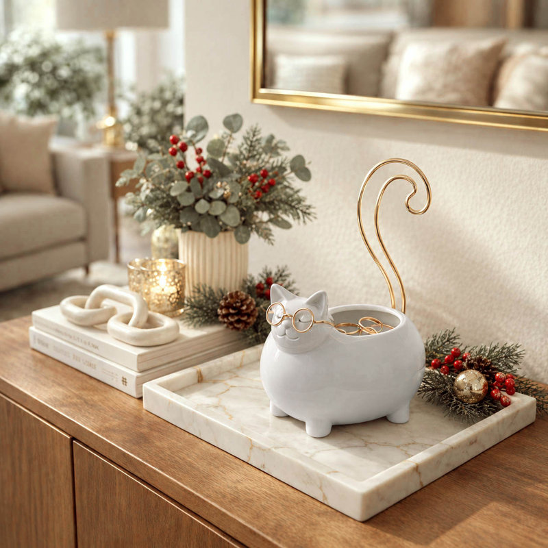 Plateau de bibelot en grès de céramique en forme de chat avec accents dorés et verres de 8 po blanc pour le bureau à domicile dans la chambre à coucher ou le salon