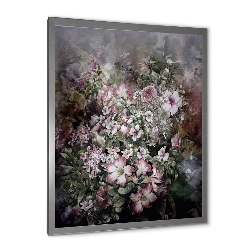 Dessin rétro de fleurs IV - reproduction d'art sur toile encadrée, H 40 po x l 30 po x 1,5 po, Argent