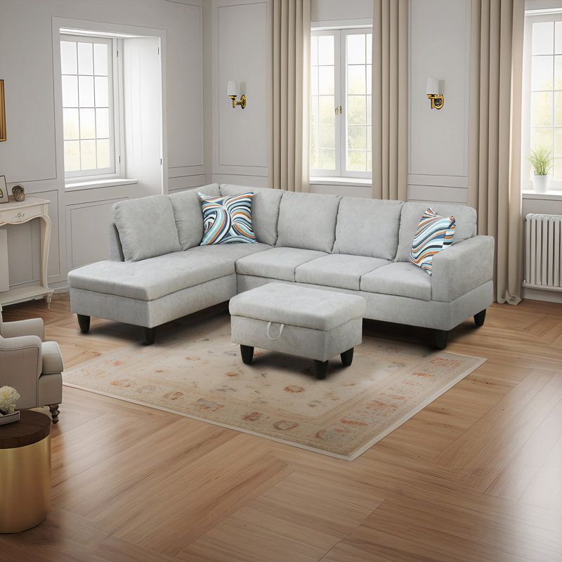 Tijay Upholstered L-Shaped Sectional with Ottoman Left Hand Facing, Light Gray Velvet