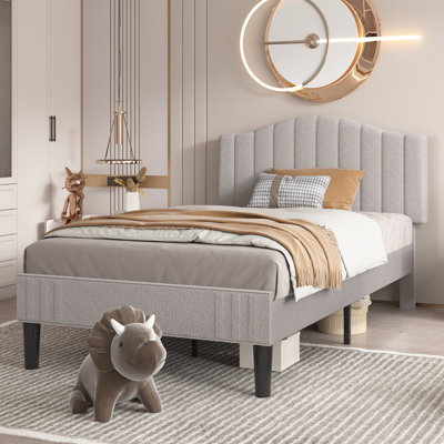 Twin Size Grey Teddy Fabric Upholstered Platform Bed Frame with Height-Adjustable Headboard, Noise-Free Storage Design, No Box Spring Needed