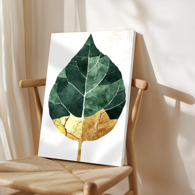 1Pc Framed Canvas Poster Print Large leaf with green and gold textures, abstract botanical art style. Wall Art Decor, Perfect for Room Decor Living Room Bedroom Office Kitchen Bathroom Home Decor, Ideal Home Wall Decoration Gift