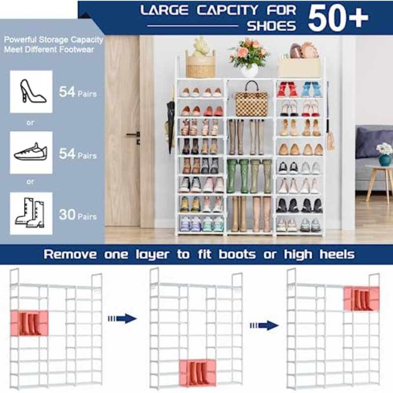 9 Tiers Shoe Rack Tall Shoe Organizer Shoe Storage 50-55 Pairs Vertical Shoe Shelf Large Shoe Rack Organizer Stackable Shoe Racks For Entryway, Closet, Garage, Bedroom,Cloakroom - White