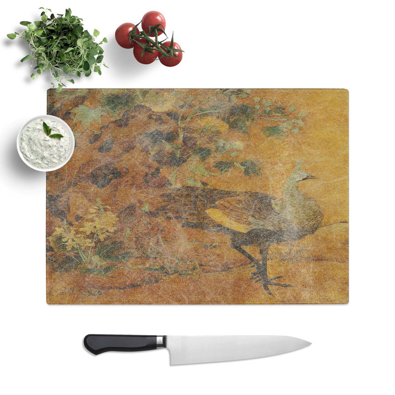 Tempered Glass Peacock and Hollyhocks by Bian Lu Chopping Board, 28.5 cm W x 20 cm L
