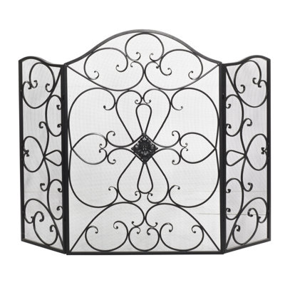 Bratches Black Metal Foldable 3 Panel Scroll Fireplace Screen with Mesh Netting