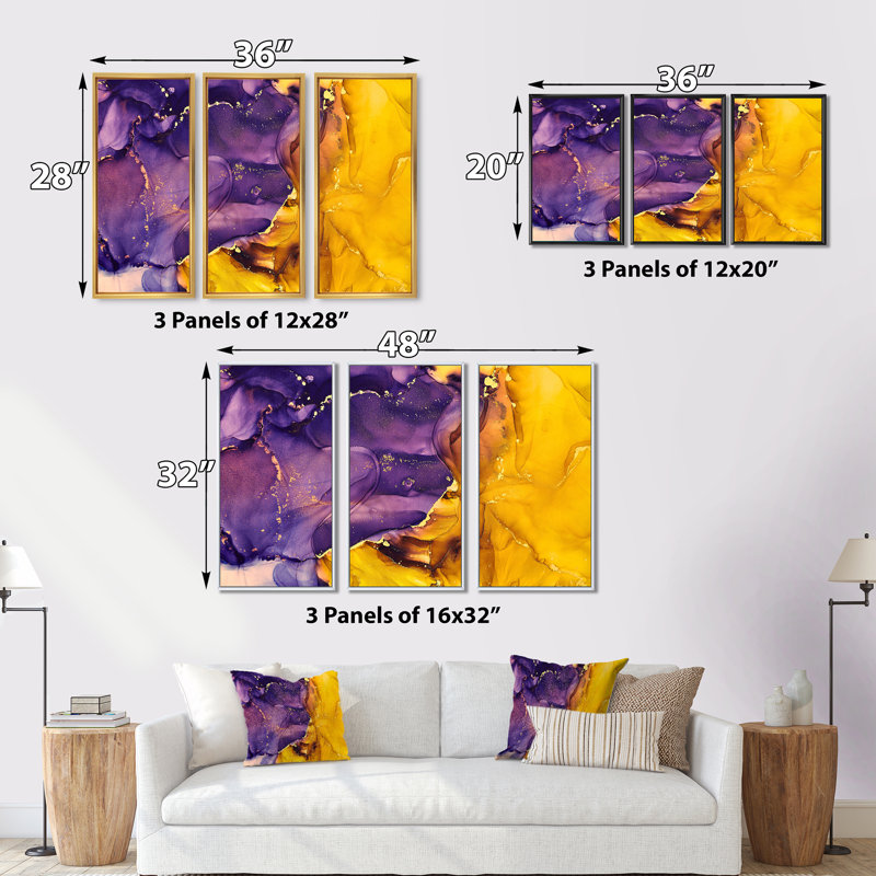 "Mauve et or", art abstrait fluide de luxe II - cadre flottant de 3 pièces, impression sur toile, L 36 po x H 20 po, Blanc