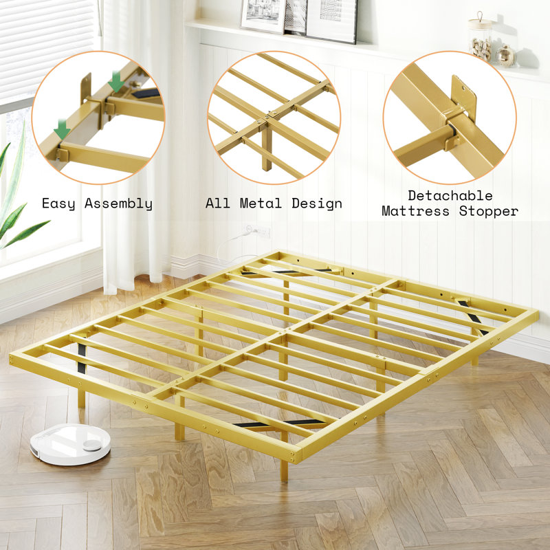 Gold Full Size Floating Metal Bed Frame with LED Lights