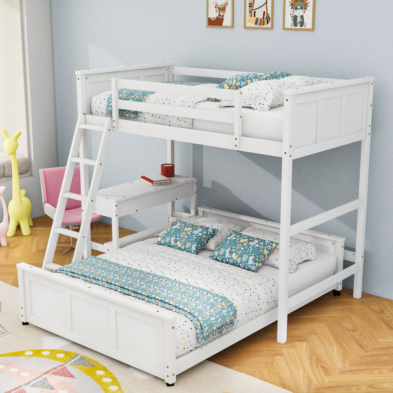 Lit superposé en bois avec bureau d'étude intégré et tiroirs de rangement, Blanc, Jumeaux sur complet