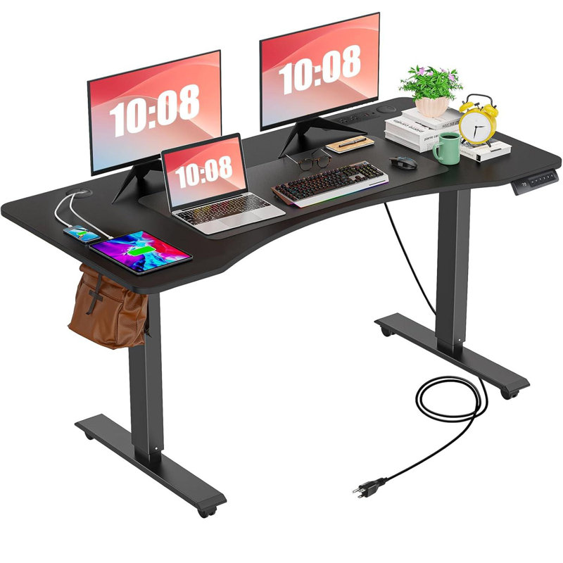 Bureau debout à hauteur réglable électrique Kashif avec 2 ports USB, 3 prises de courant, 4 roulettes et 2 crochets, Noir