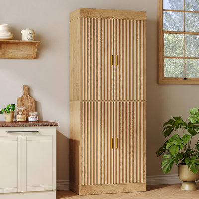 71” Kitchen Pantry, Storage Cabinet With 4 Fluted Doors And Adjustable Shelves