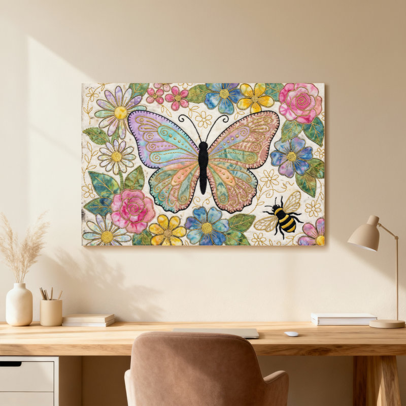 Animaux, papillon, fleurs, abeille, motif de jardin, conception artistique, H 12 po x l 18 po, Toile tendue