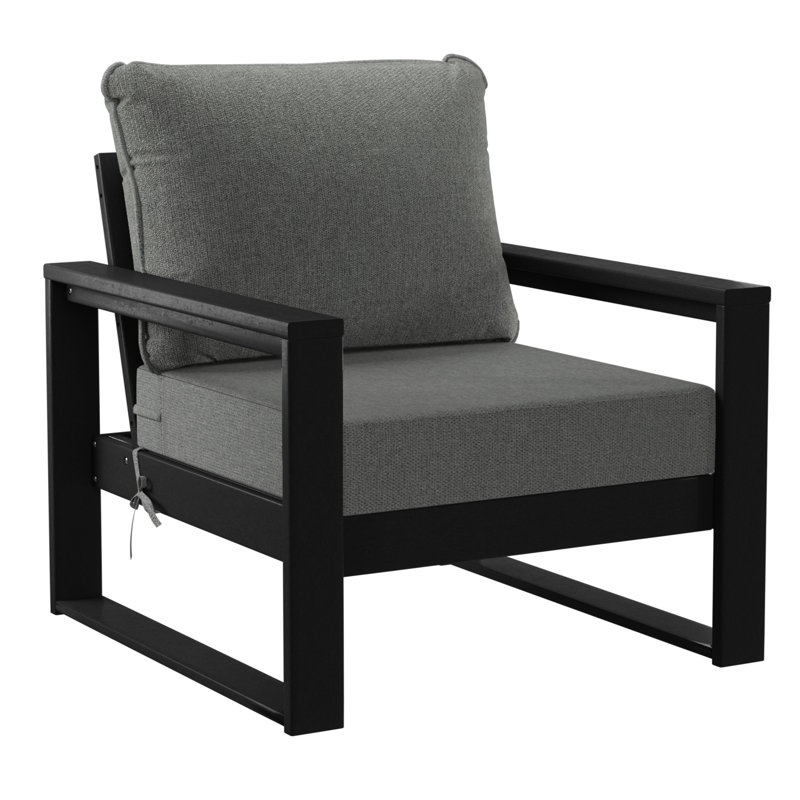 Fauteuil club de patio à assise profonde avec cadre, Gris, Noir, noir, noir, noir