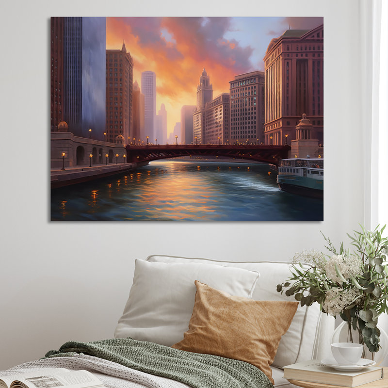 Chicago City Scene I, reproduction d'art sur toile, H 12 po x l 20 po x P 1 po, Toile tendue