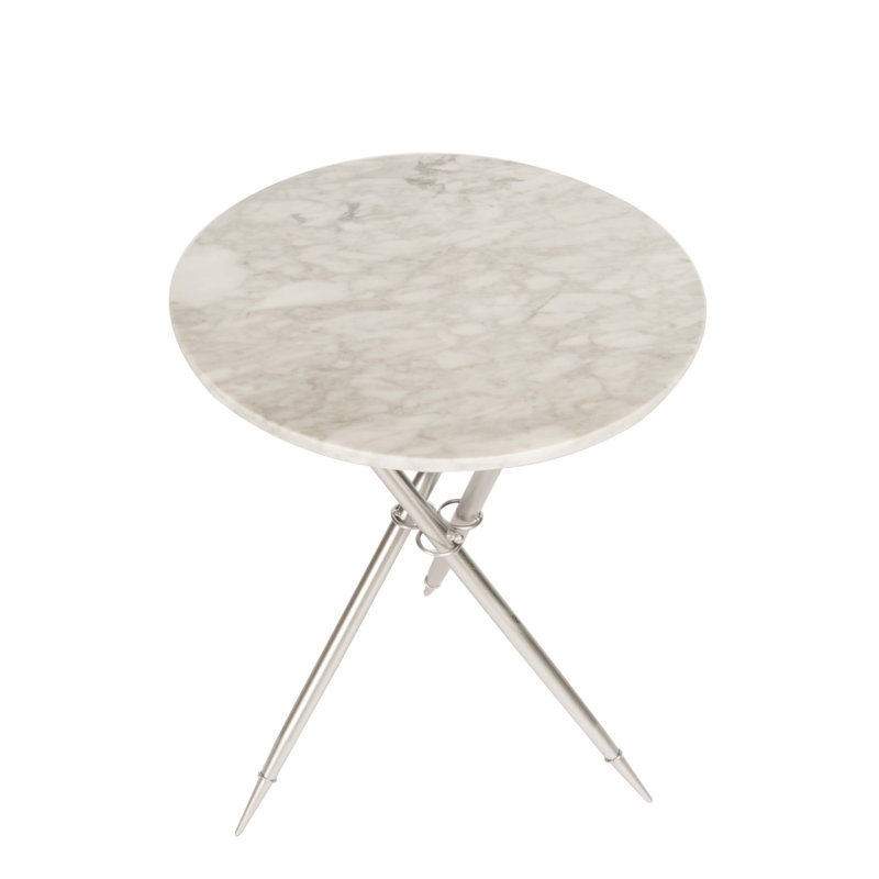 Steele Foldable Marble End Table – 16.5" Round White Marble Top with Silver Metal Base, Silver