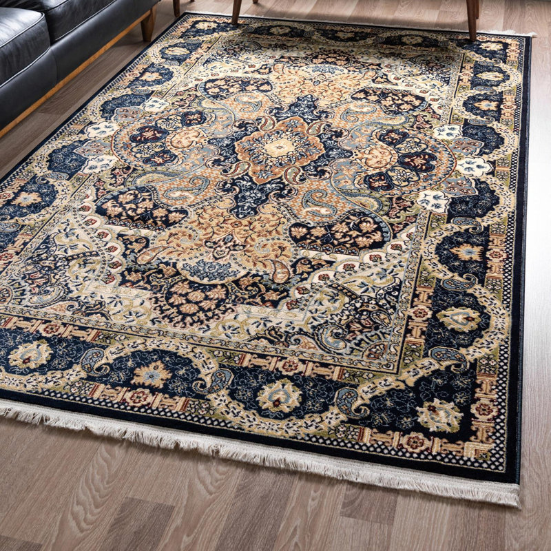 Eleanor Oriental Navy Blue/Ivory Area Rug, Rectangle 10' x 14'1", Black