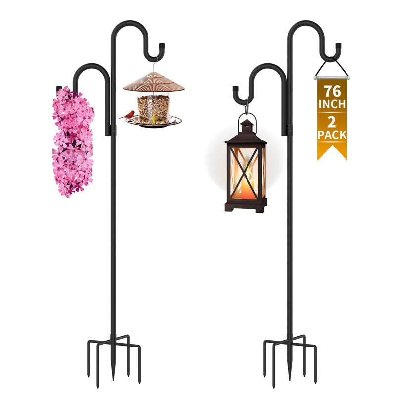 Double Shepherds Hooks For Outdoor, Bird Feeder Pole With 5 Prongs Base,Wind Chime And Hummingbird Feeder, 76 Inch, 2 Pack