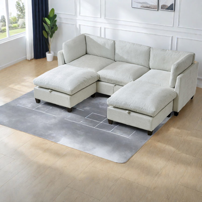 Canapé modulaire en U en chenille beige avec rangement, canapé moderne pour le salon