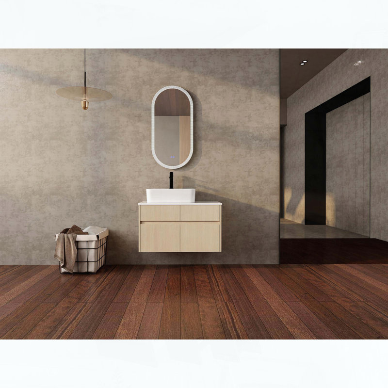 Meuble-lavabo mural de 32 pouces avec lavabo artistique en céramique, White Oak + Rectangular Sink