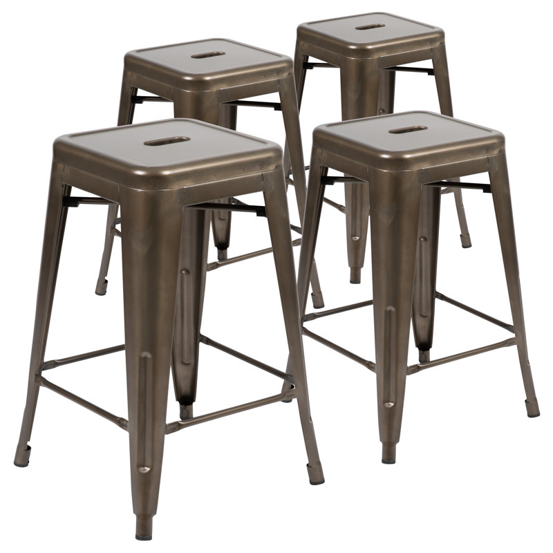 Backless Metal Indoor-Outdoor Stool w/Square Seat, Black, 4, Counter Stool (26.5" Seat Height)