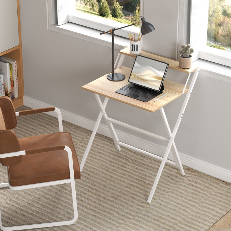 HOMCOM Folding Desk with Monitor Shelf Foldable 70 cm Natural Wood Finish, Natural/White, 86.5cm H x 70cm W x 62cm D